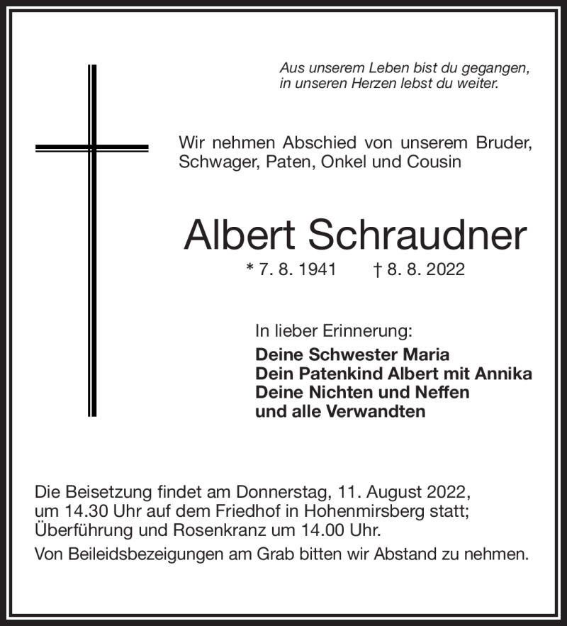  Traueranzeige für Albert Schraudner vom 10.08.2022 aus Nordbayerischer Kurier