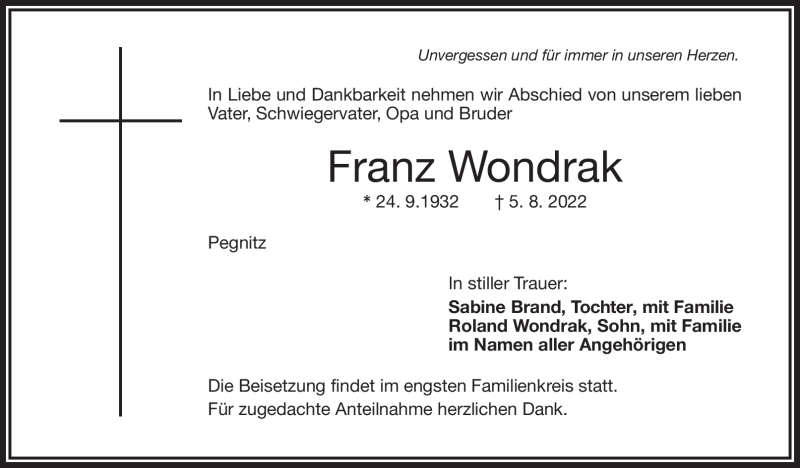  Traueranzeige für Franz Wondrak vom 13.08.2022 aus Nordbayerischer Kurier