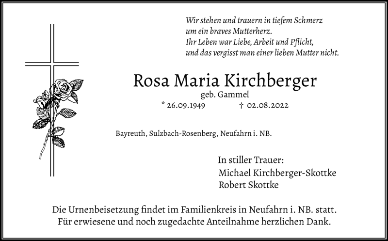  Traueranzeige für Rosa Maria Kirchberger vom 13.08.2022 aus Nordbayerischer Kurier
