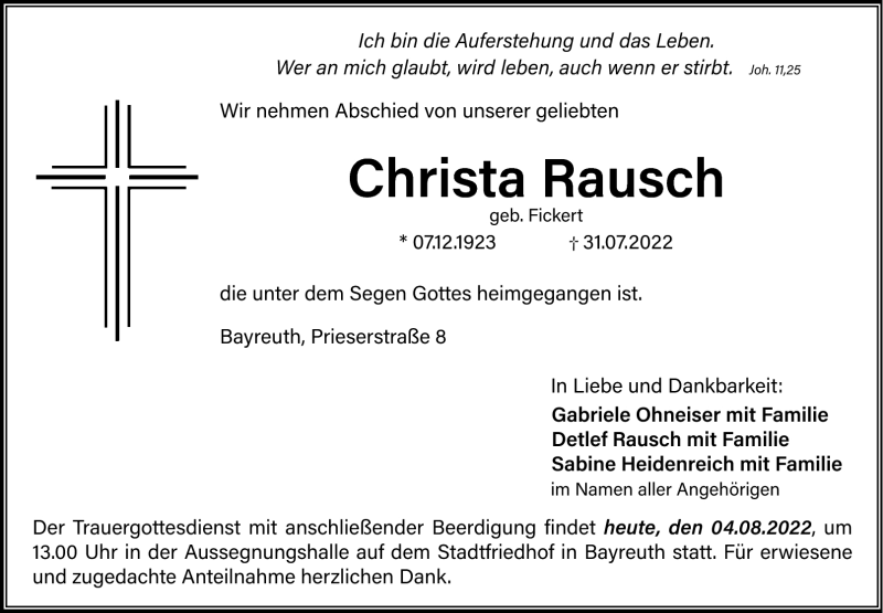  Traueranzeige für Christa Rausch vom 04.08.2022 aus Nordbayerischer Kurier