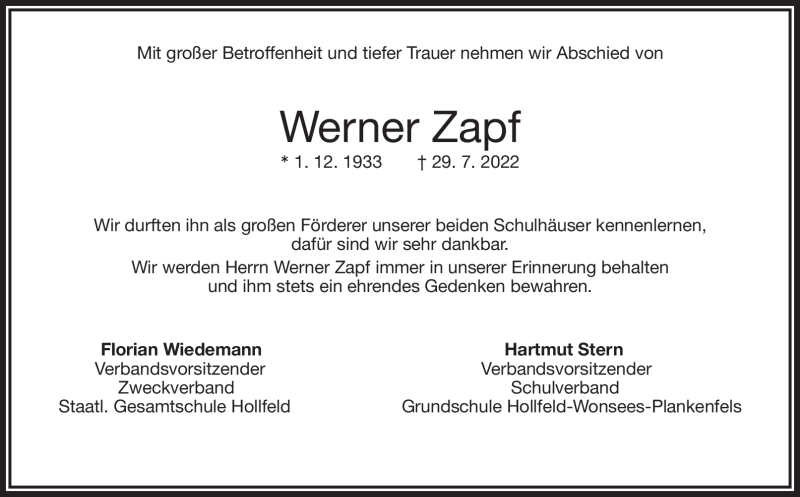  Traueranzeige für Werner Zapf vom 06.08.2022 aus Nordbayerischer Kurier