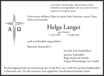 Anzeige von Helga Langer von Nordbayerischer Kurier