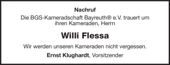 Anzeige von Willi Flessa von Nordbayerischer Kurier