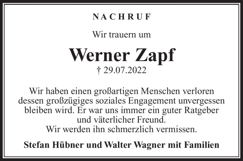  Traueranzeige für Werner Zapf vom 03.08.2022 aus Nordbayerischer Kurier