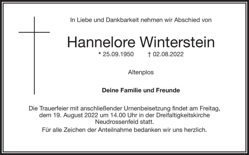  Traueranzeige für Hannelore Winterstein vom 16.08.2022 aus Nordbayerischer Kurier