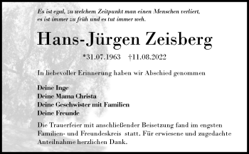 Anzeige von Hans-Jürgen Zeisberg von Nordbayerischer Kurier