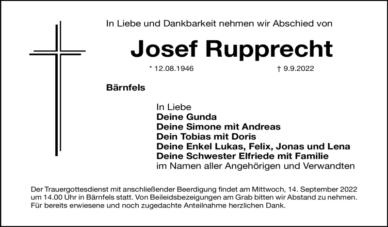  Traueranzeige für Josef Rupprecht vom 12.09.2022 aus Nordbayerischer Kurier