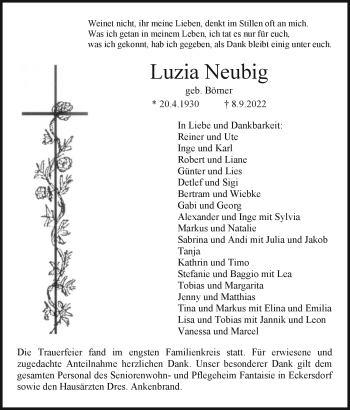 Anzeige von Luzia Neubig von Nordbayerischer Kurier