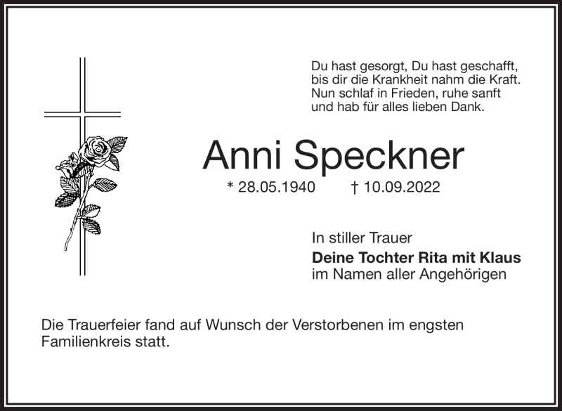  Traueranzeige für Anni Speckner vom 17.09.2022 aus Nordbayerischer Kurier