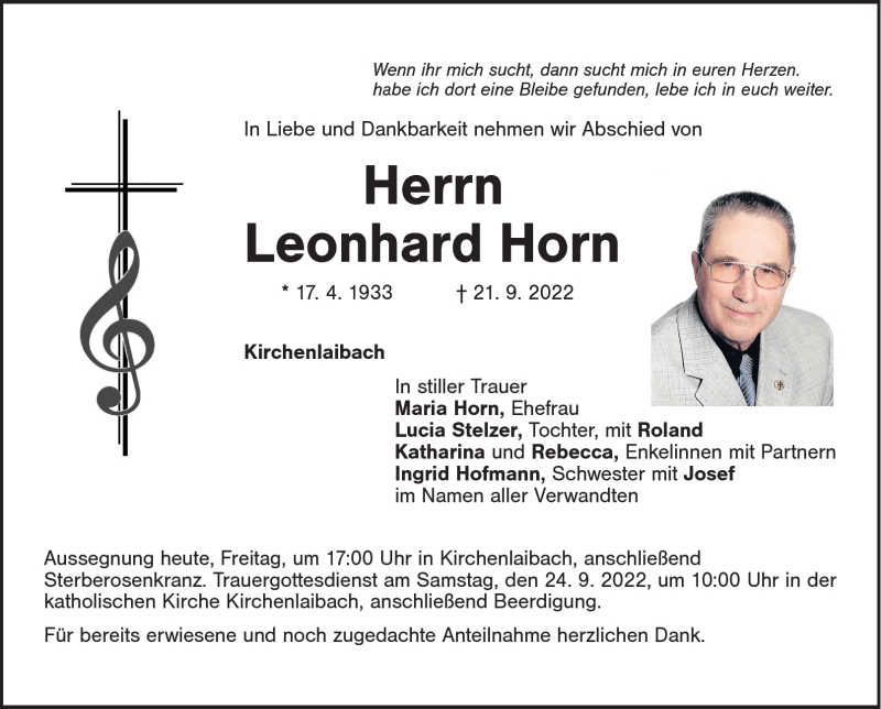 Traueranzeige für Leonhard Horn vom 23.09.2022 aus Nordbayerischer Kurier