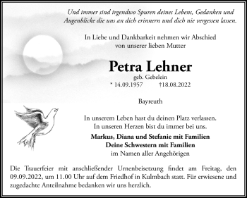 Anzeige von Petra Lehner von Nordbayerischer Kurier