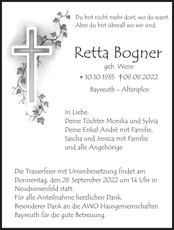 Anzeige von Retta Bogner von Nordbayerischer Kurier