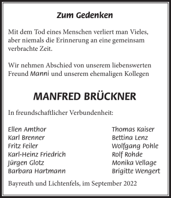 Anzeige von Manfred Brückner von Nordbayerischer Kurier