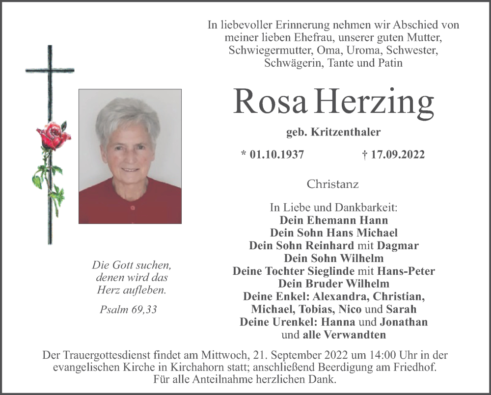 Traueranzeige für Rosa Herzing vom 20.09.2022 aus Nordbayerischer Kurier