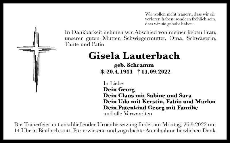  Traueranzeige für Gisela Lauterbach vom 22.09.2022 aus Nordbayerischer Kurier