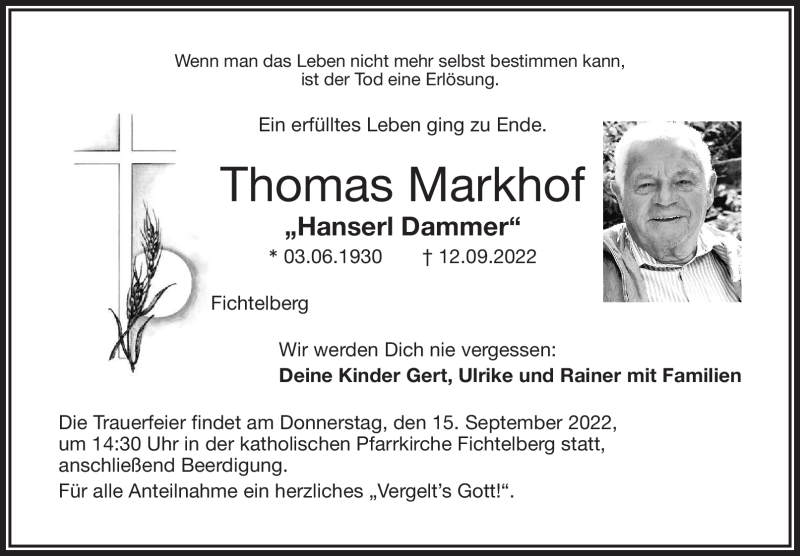  Traueranzeige für Thomas Markhof vom 14.09.2022 aus Nordbayerischer Kurier