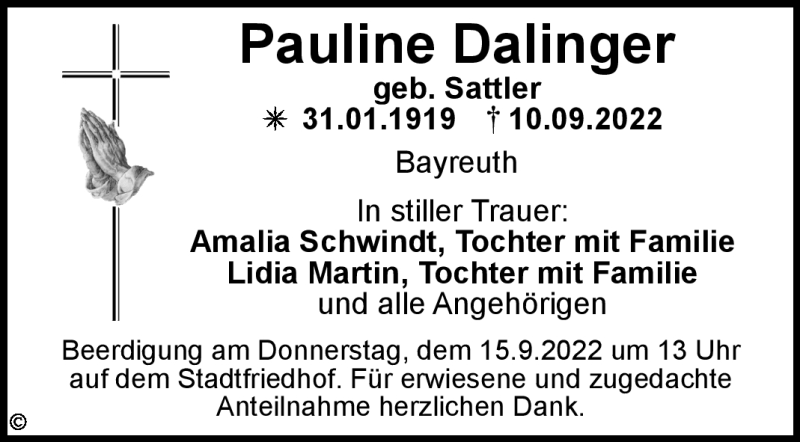  Traueranzeige für Pauline Dalinger vom 13.09.2022 aus Nordbayerischer Kurier