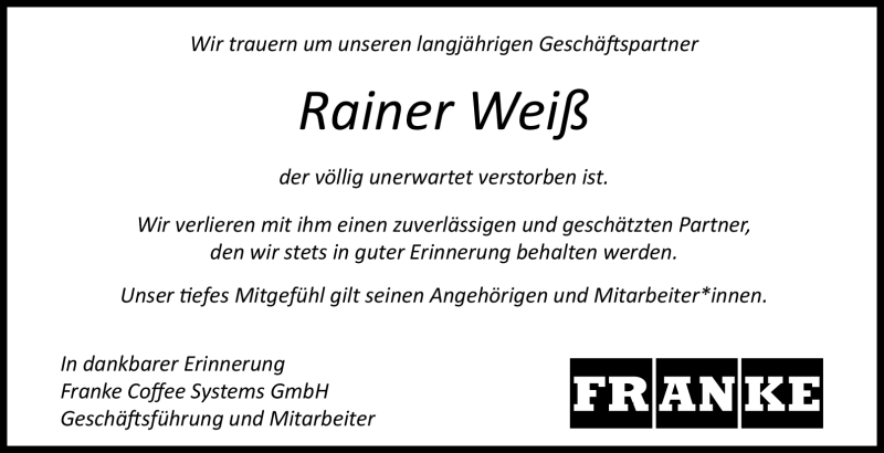  Traueranzeige für Rainer Weiß vom 24.09.2022 aus Nordbayerischer Kurier