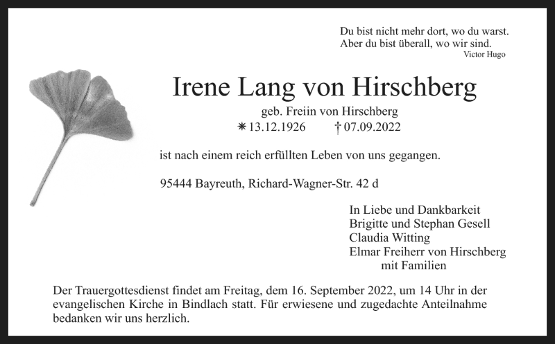  Traueranzeige für Irene Lang von Hirschberg vom 14.09.2022 aus Nordbayerischer Kurier