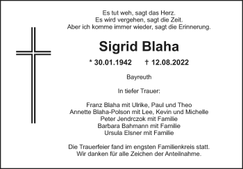 Anzeige von Sigrid Blaha von Nordbayerischer Kurier