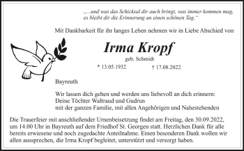 Anzeige von Irma Kropf von Nordbayerischer Kurier