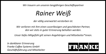 Anzeige von Rainer Weiß von Nordbayerischer Kurier