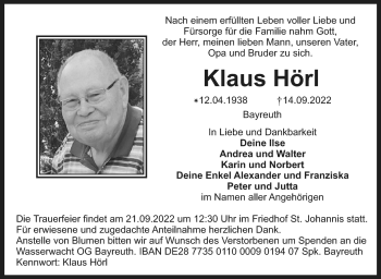 Anzeige von Klaus Hörl von Nordbayerischer Kurier