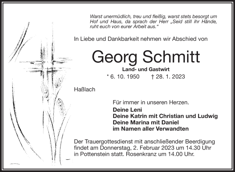  Traueranzeige für Georg Schmitt vom 30.01.2023 aus Nordbayerischer Kurier