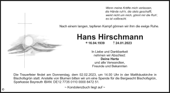 Anzeige von Hans Hirschmann von Nordbayerischer Kurier