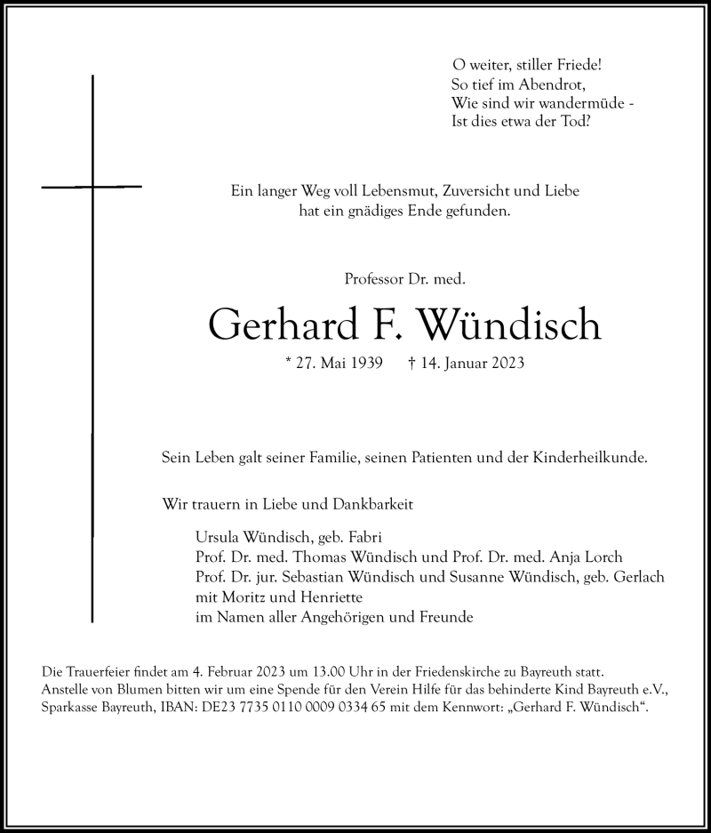  Traueranzeige für Gerhard F. Wündisch vom 21.01.2023 aus Nordbayerischer Kurier