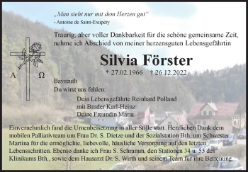 Anzeige von Silvia Förster von Nordbayerischer Kurier