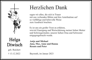 Anzeige von Helga Diwisch von Nordbayerischer Kurier