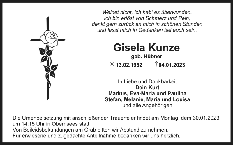  Traueranzeige für Gisela Kunze vom 25.01.2023 aus Nordbayerischer Kurier