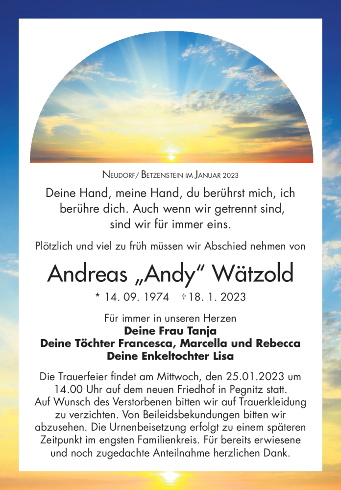  Traueranzeige für Andreas Wätzold vom 23.01.2023 aus Nordbayerischer Kurier