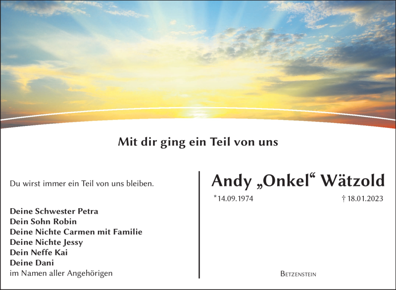  Traueranzeige für Andy Wätzold vom 23.01.2023 aus Nordbayerischer Kurier