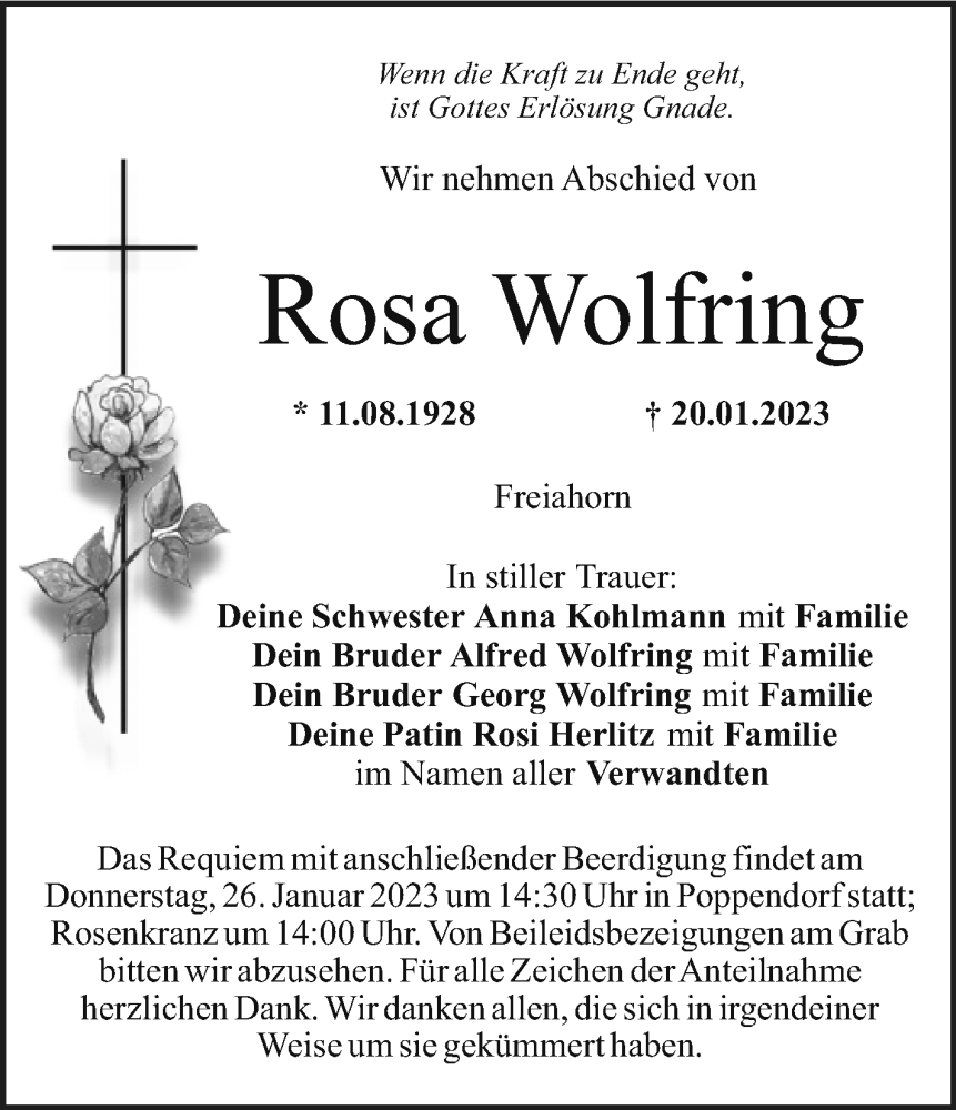  Traueranzeige für Rosa Wolfring vom 24.01.2023 aus Nordbayerischer Kurier