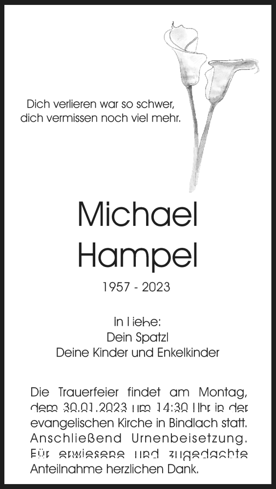  Traueranzeige für Michael Hampel vom 25.01.2023 aus Nordbayerischer Kurier