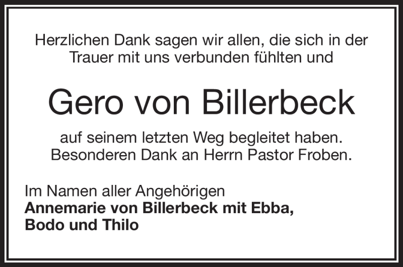  Traueranzeige für Gero von Billerbeck vom 21.01.2023 aus Nordbayerischer Kurier