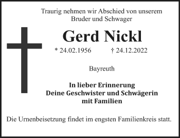 Anzeige von Gerd Nickl von Nordbayerischer Kurier