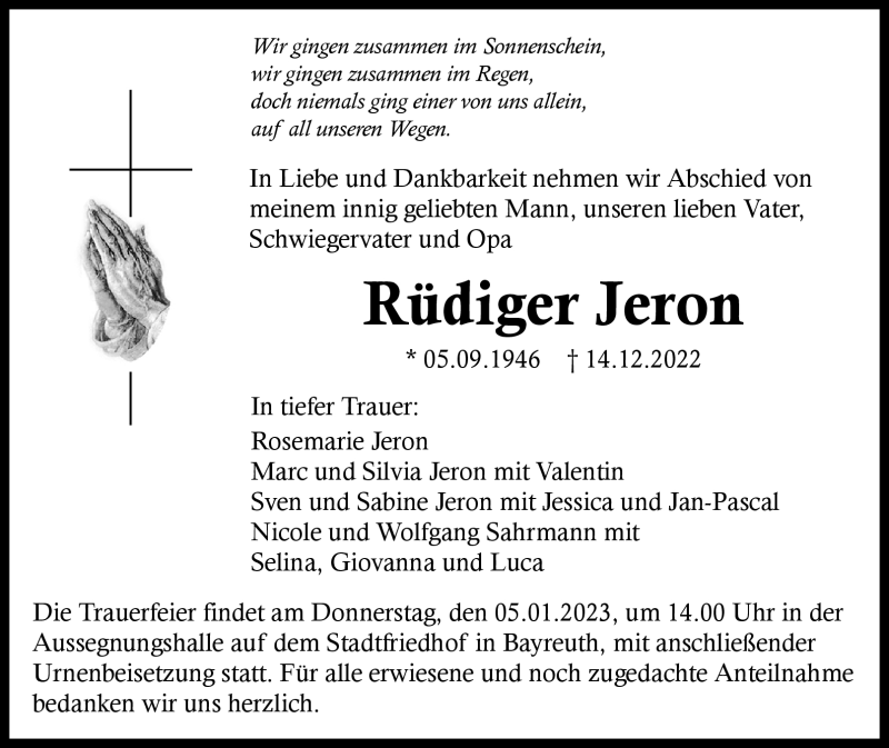  Traueranzeige für Rüdiger Jeron vom 03.01.2023 aus Nordbayerischer Kurier