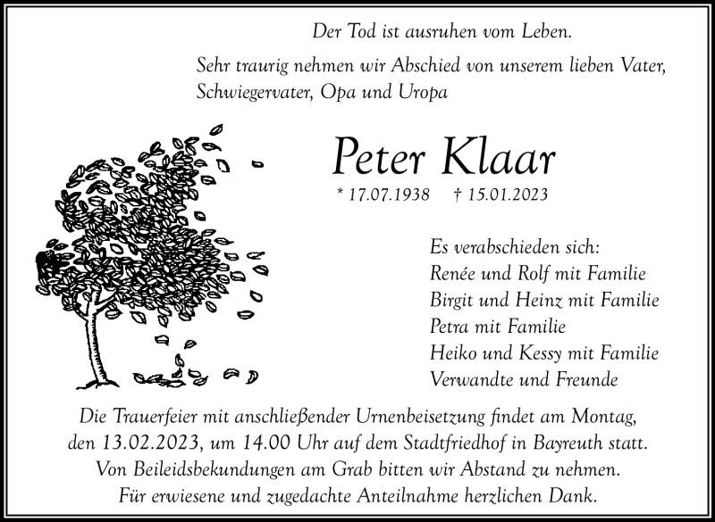  Traueranzeige für Peter Klaar vom 28.01.2023 aus Nordbayerischer Kurier