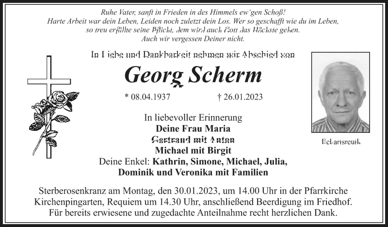  Traueranzeige für Georg Scherm vom 28.01.2023 aus Nordbayerischer Kurier