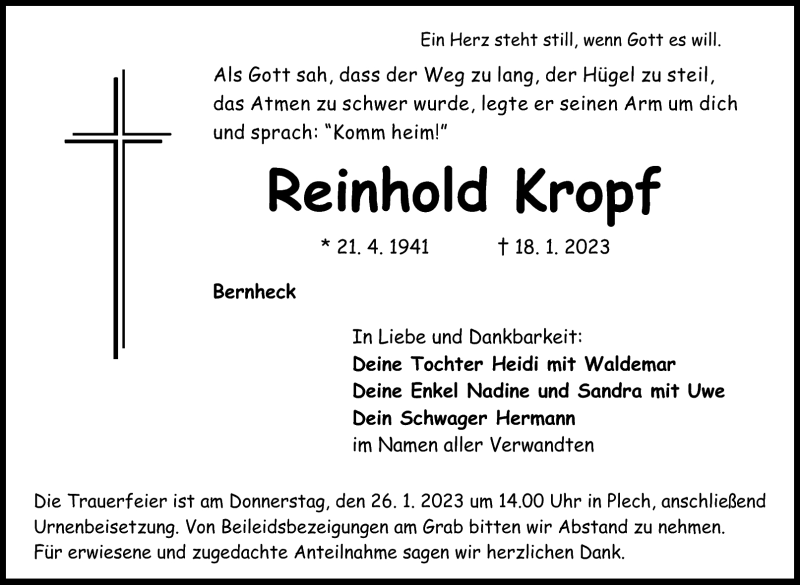  Traueranzeige für Reinhold Kropf vom 24.01.2023 aus Nordbayerischer Kurier