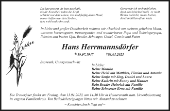 Anzeige von Hans Herrmannsdörfer von Nordbayerischer Kurier