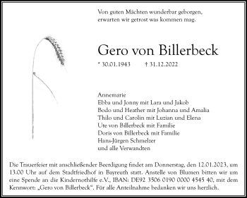 Anzeige von Gero von Billerbeck von Nordbayerischer Kurier