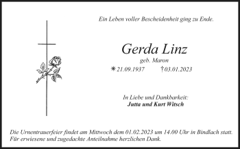 Anzeige von Gerda Linz von Nordbayerischer Kurier