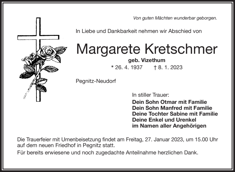  Traueranzeige für Margarete Kretschmer vom 25.01.2023 aus Nordbayerischer Kurier