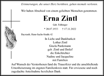Anzeige von Erna Zintl von Nordbayerischer Kurier