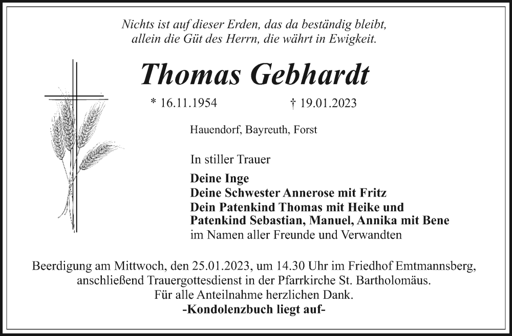  Traueranzeige für Thomas Gebhardt vom 21.01.2023 aus Nordbayerischer Kurier