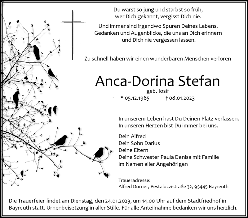  Traueranzeige für Anca-Dorina Stefan vom 21.01.2023 aus Nordbayerischer Kurier